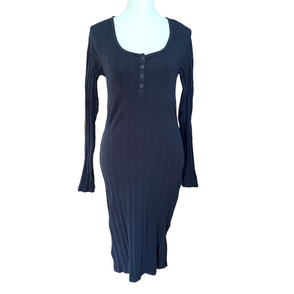 Pact Ribbed Long Sleeve Organic Cotton Midi Dress Navy Small